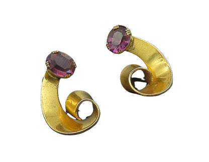 925 Sterling Silver  Vintage Amethyst Shiny Ribbon Non Pierce Earrings  EG9345