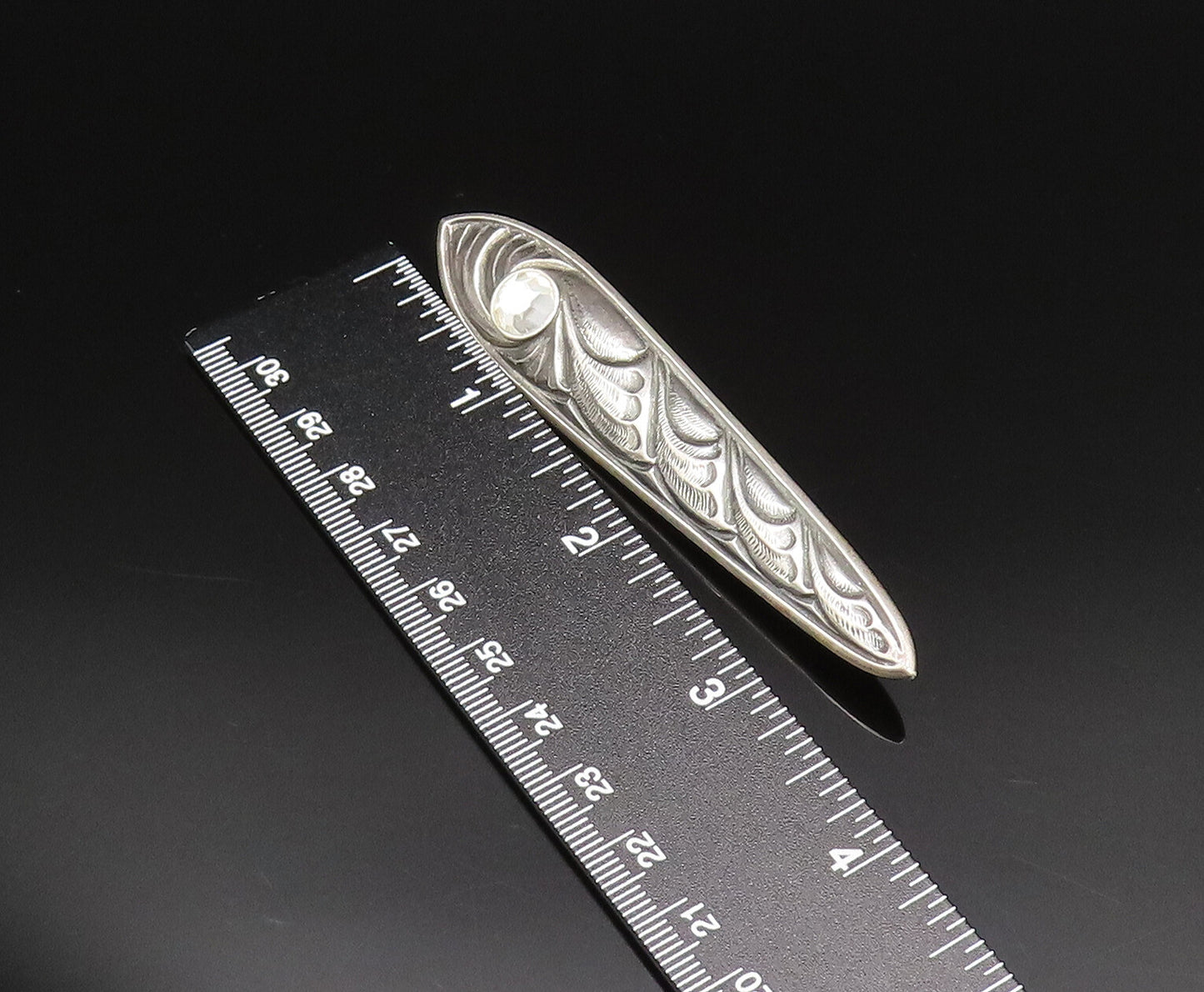 925 Silver  Vintage Inlaid Rhinestone Carved Swirls Linear Brooch Pin  BP9721