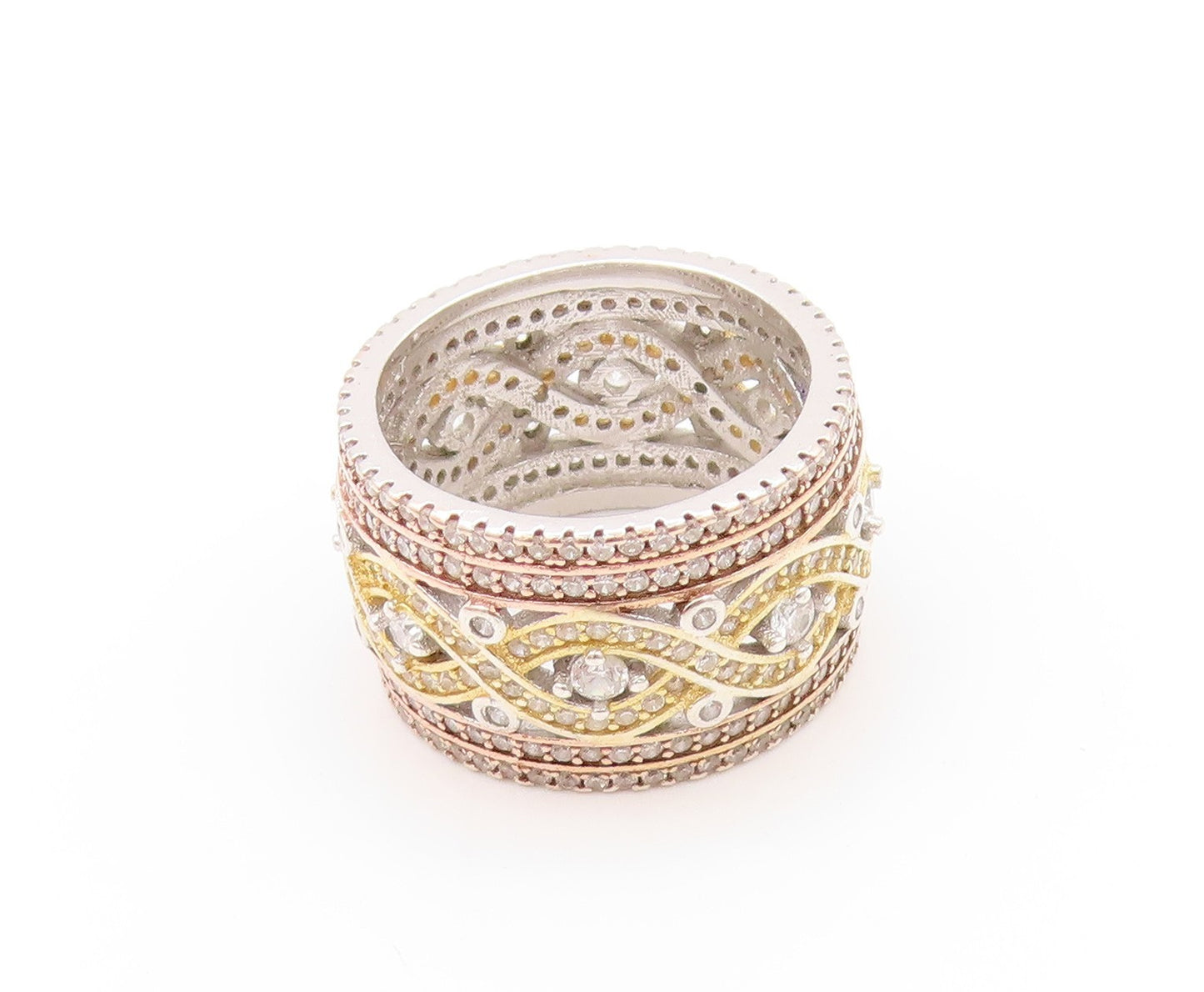 925 Sterling Silver Vintage Ring 2 Tone Gold Plated CZ Inlay  Sz 6.5  RG32923