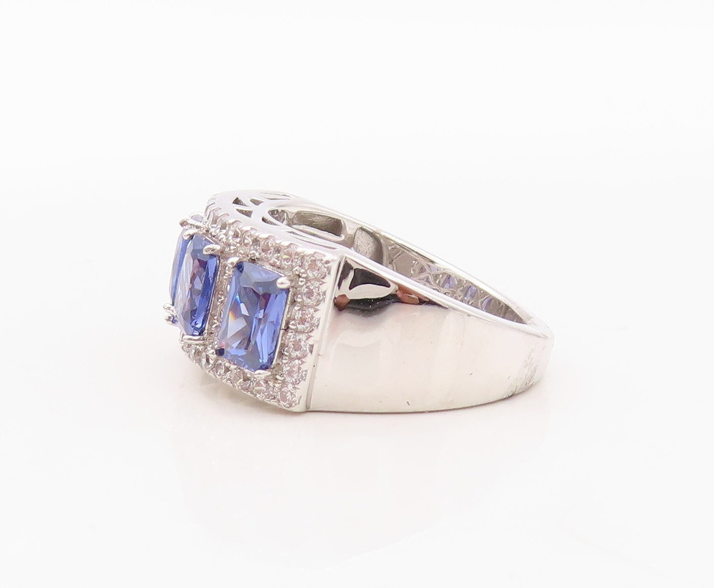 925 Sterling Silver Vintage Ring Rectangle Cut Blue & White CZ Band Sz 7 RG29987