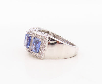 925 Sterling Silver Vintage Ring Rectangle Cut Blue & White CZ Band Sz 7 RG29987
