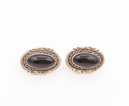 925 Sterling Silver Vintage Earrings NAVAJO Cabochon Onyx Bold Studs  EG14034