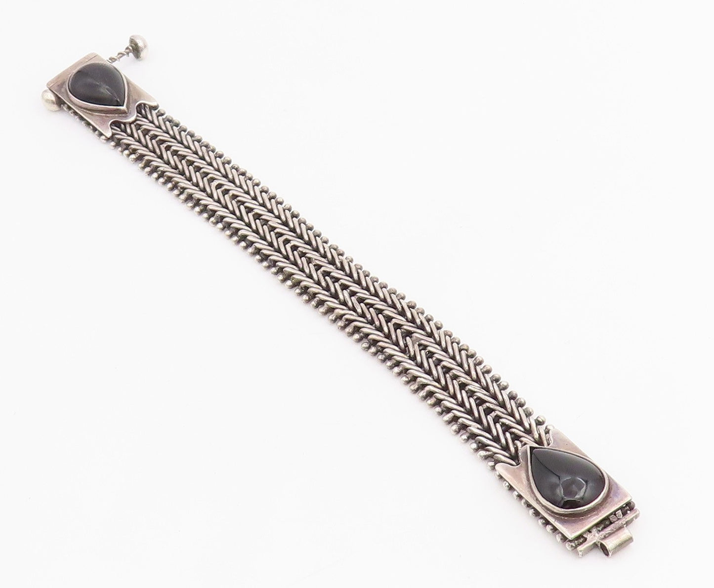 925 Sterling Silver Vintage Bracelet Pear Cut Onyx Intricate Woven Link  BT11847