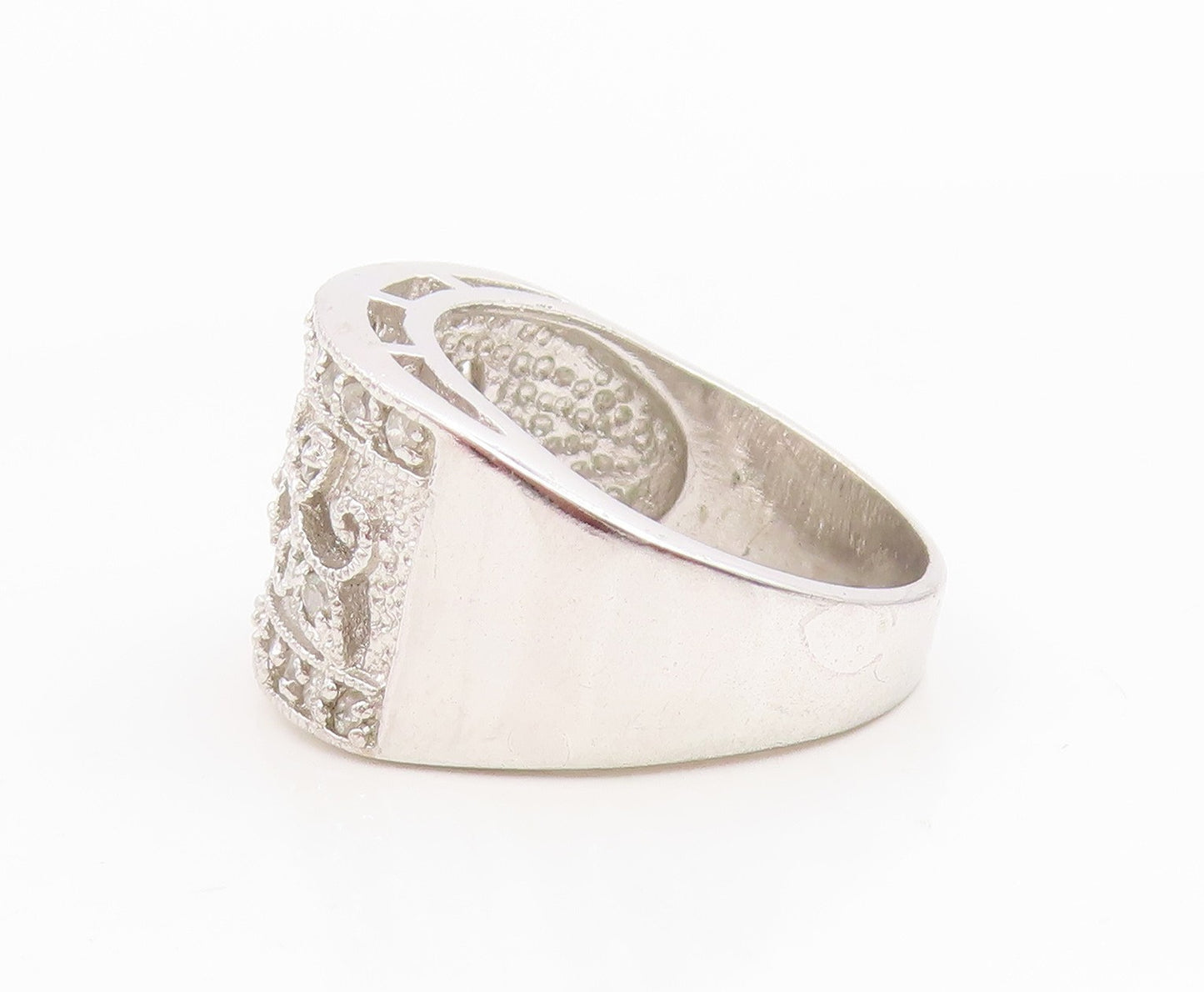 925 Sterling Silver Vintage Ring Elegant CZ Openwork Floral Band Sz 7.5 RG34925
