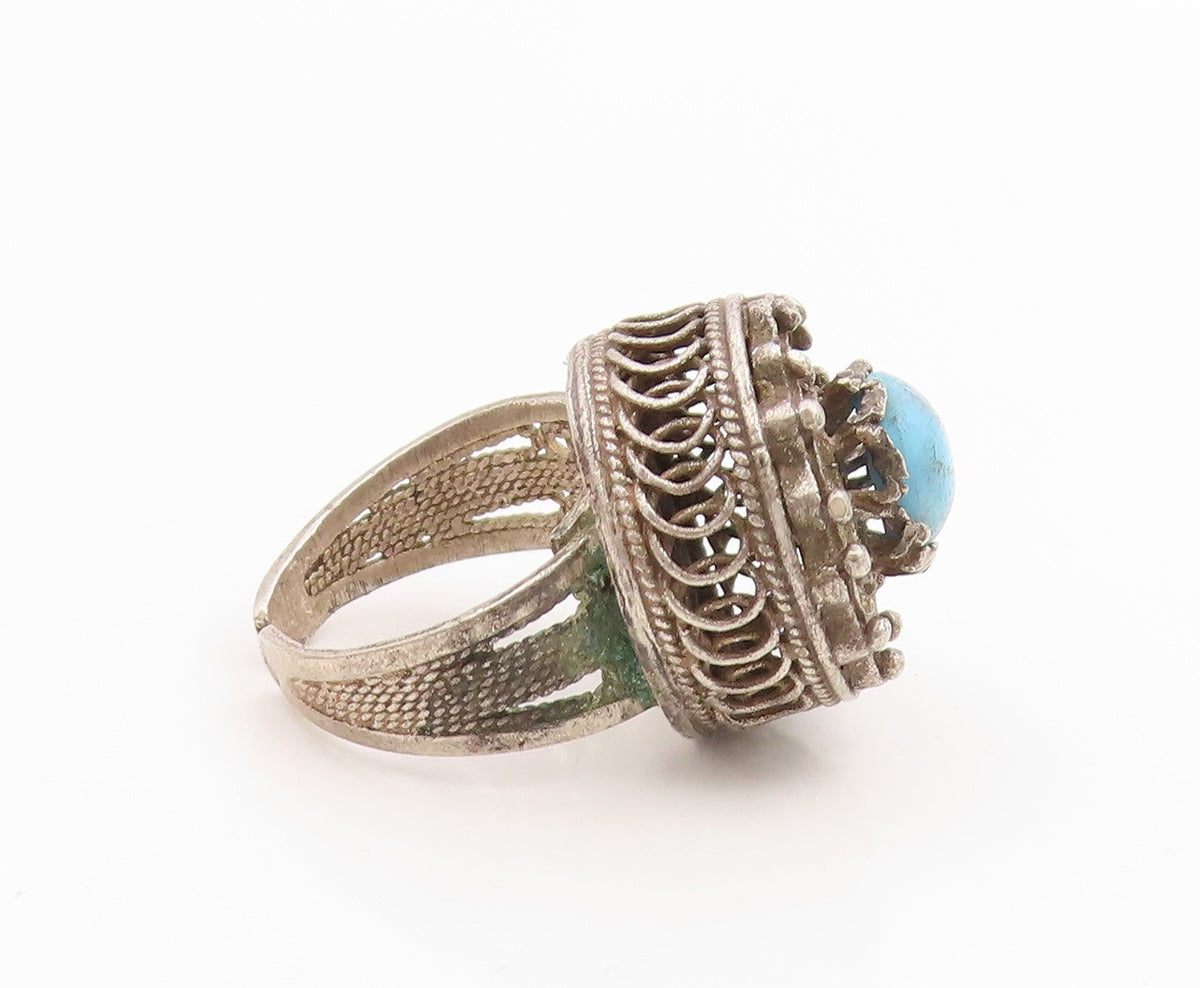 925 Sterling Silver Vintage Ring Turquoise Filigree Statement Band Sz 7 RG35929