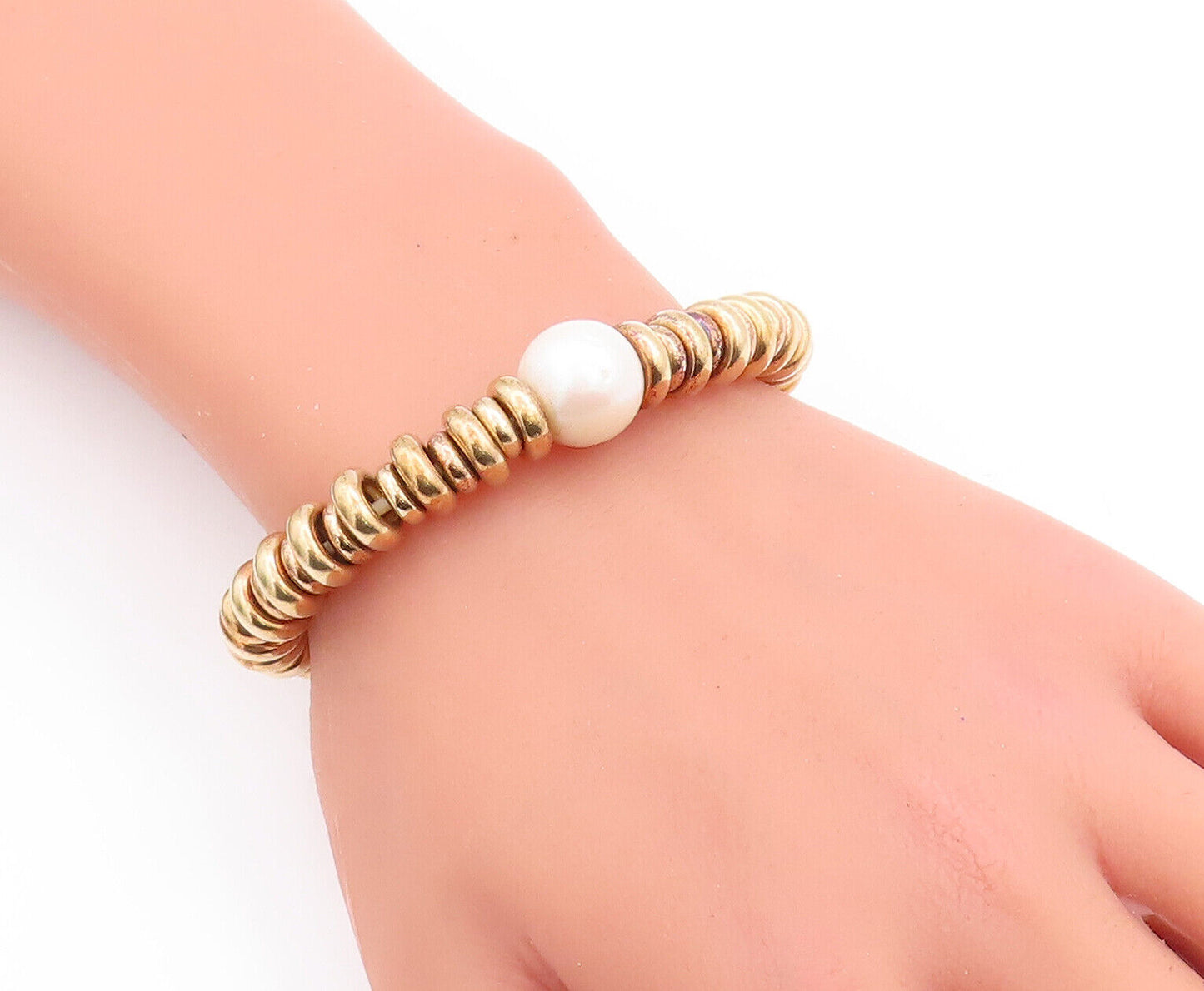 925 Sterling Silver Vintage Bracelet Gold Plated Pearl Stacked Rings  BT10624
