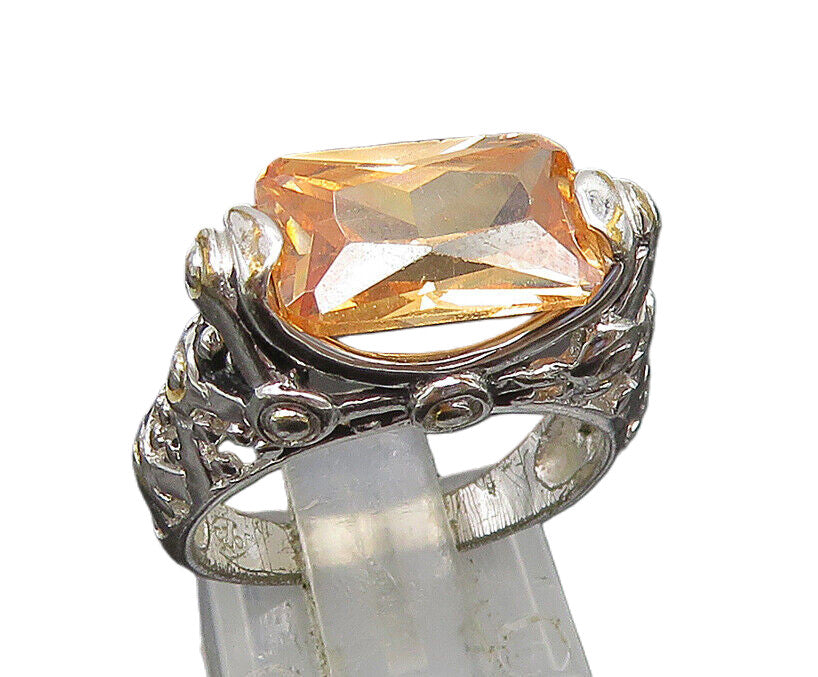 925 Silver  Vintage Orange Cubic Zirconia Beaded Detail Ring Sz 6.5  RG24783