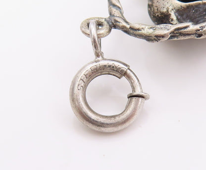925 Sterling Silver Vintage Pendant Etched Bunny In Easter Basket Charm  PT24788