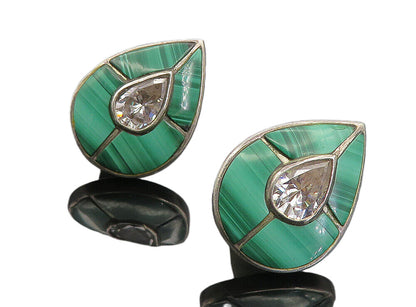 925 Silver   Vintage Cubic Zirconia & Malachite Non Pierce Earrings  EG4396