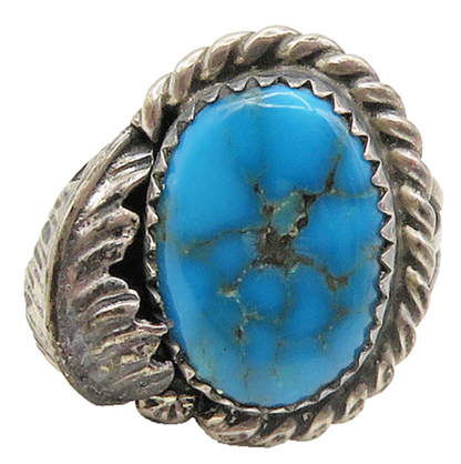 NAVAJO 925 Sterling Silver Vintage Turquoise Floral Leaf Ring Sz 4.5  RG16105