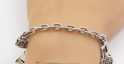 925 Sterling Silver  Vintage Musical Instrument Charmed Chain Bracelet  BT1973