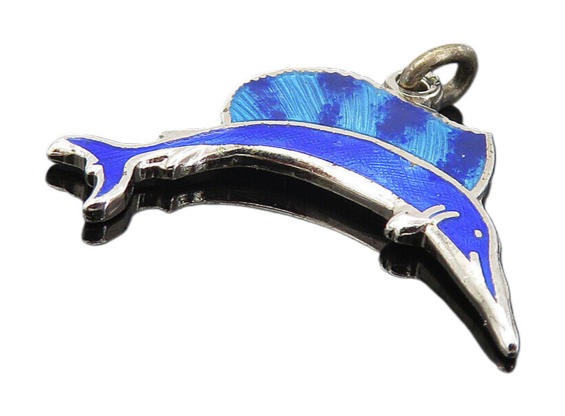 925 Sterling Silver  Petite Enamel Coated Swordfish Motif Drop Pendant  PT6348