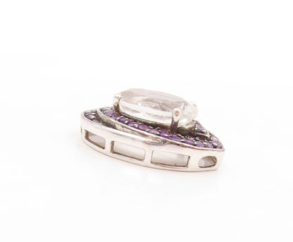 925 Sterling Silver Vintage Pendant Oval CZ Halo Amethyst Inlay Frame  PT23804