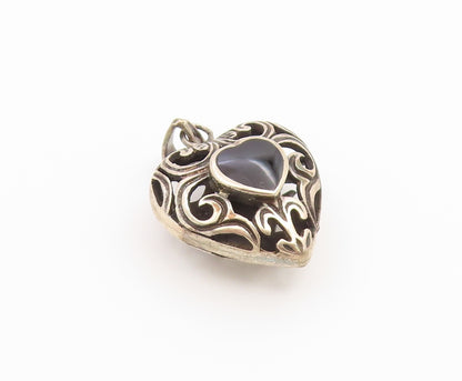 925 Sterling Silver Vintage Pendant Onyx Open Scrollwork Love Heart  PT26544