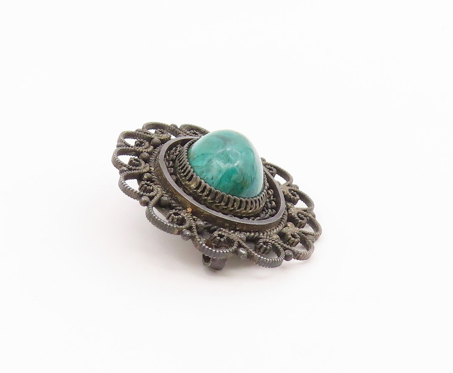 ISRAEL 925 Silver  Vintage Cabochon Eilat Stone Swirl Twist Brooch Pin  BP7640