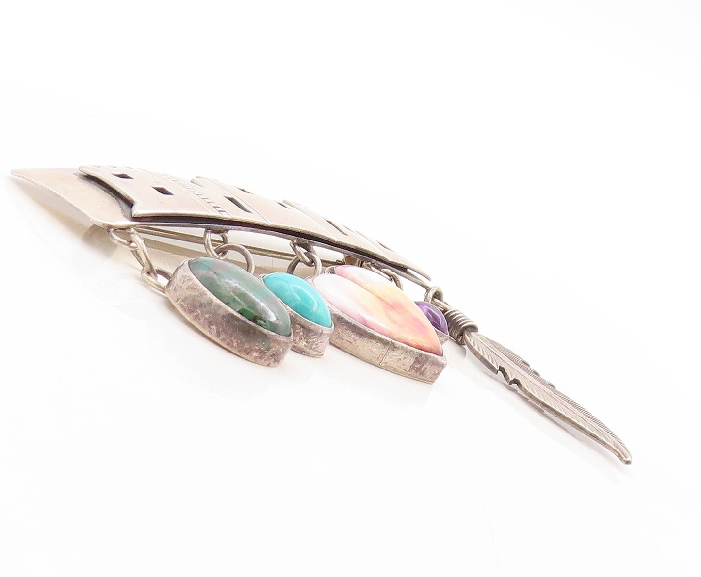 925 Sterling Silver Vintage Brooch Pin NAKAI NAVAJO Gemstone Charm BP11304