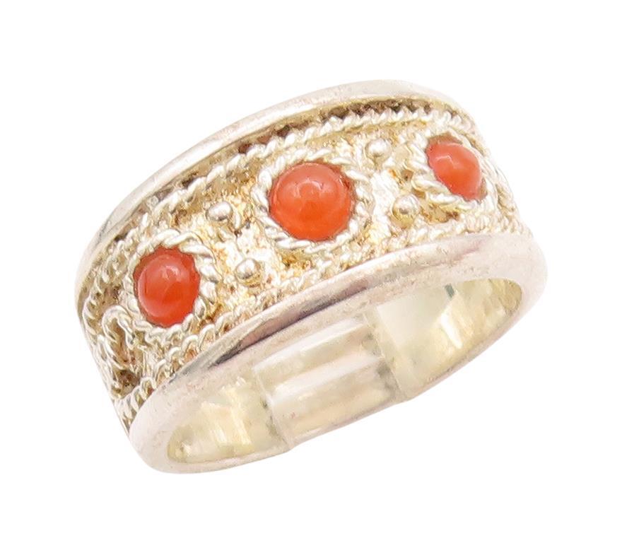 925 Sterling Silver Vintage Ring Rope Carved Orange Gemstone  Sz 7.5  RG28621