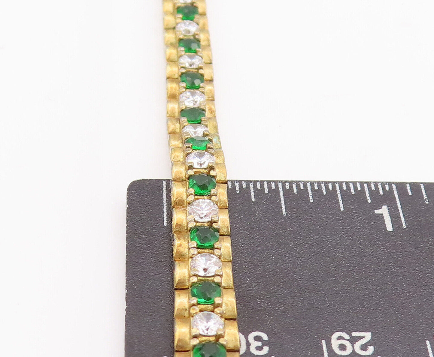 925 Sterling Silver Vintage Bracelet Gold Plated Green & White CZ  BT10623