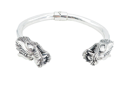 925 Sterling Silver  Vintage Shiny Sculpted Dragon Head Cuff Bracelet  BT2498