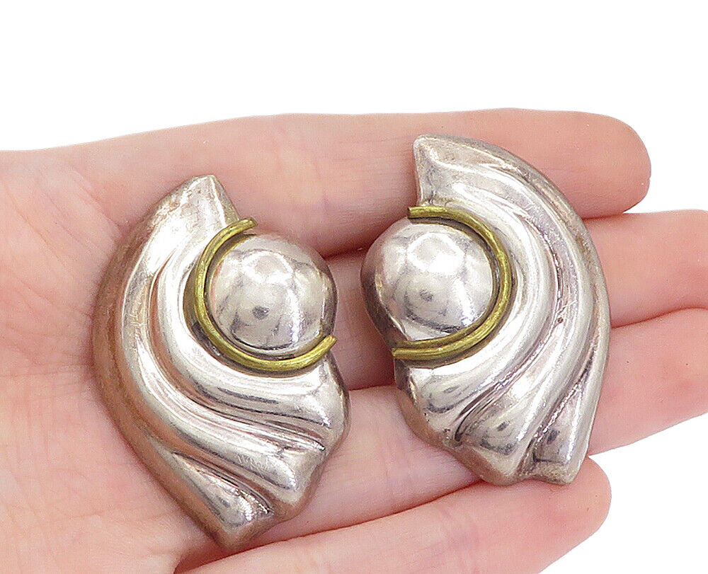 MEXICO 925 Silver  Vintage Two Tone Fluted Swirl Non Pierce Earrings  EG2623