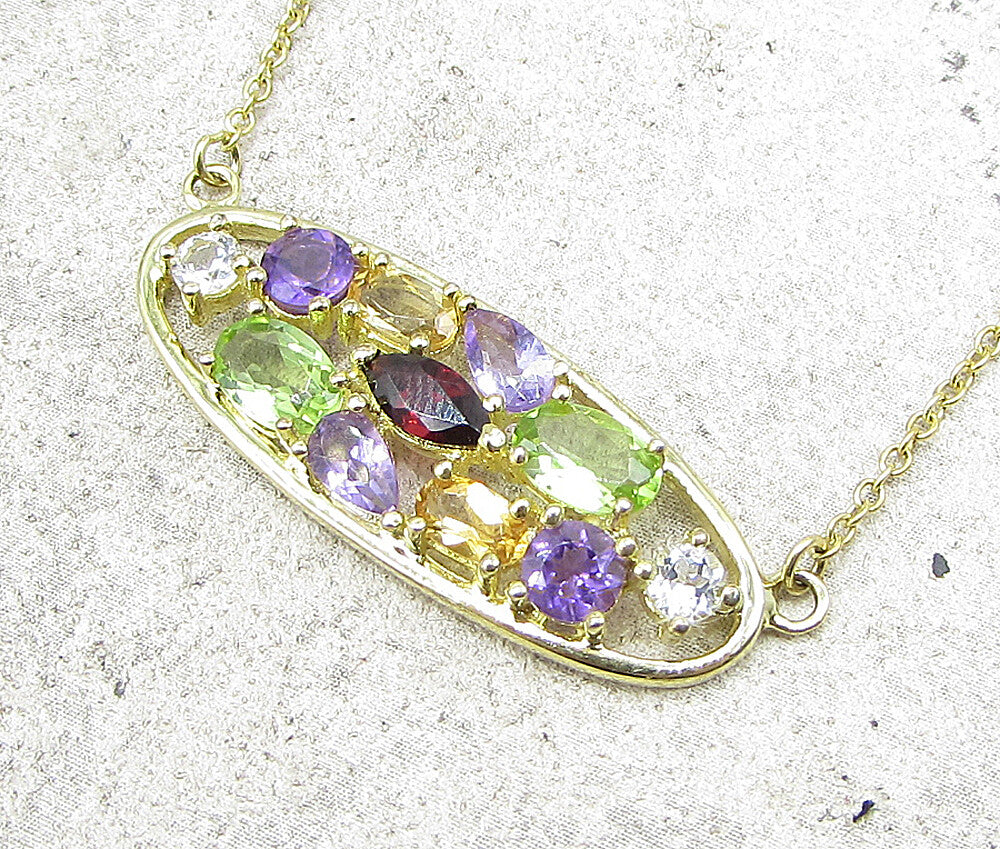 Gold Over 925 Sterling Silver Multi Colored Gemstones Oval Chain Necklace PT1293