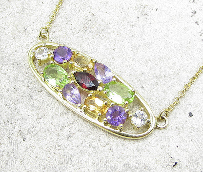 Gold Over 925 Sterling Silver Multi Colored Gemstones Oval Chain Necklace PT1293