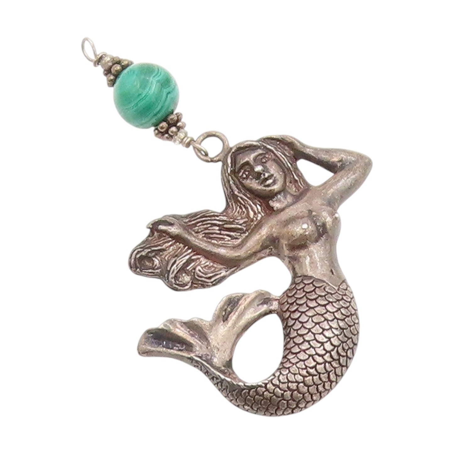 925 Sterling Silver Vintage Pendant Malachite Beaded Mermaid Locket  PT25371