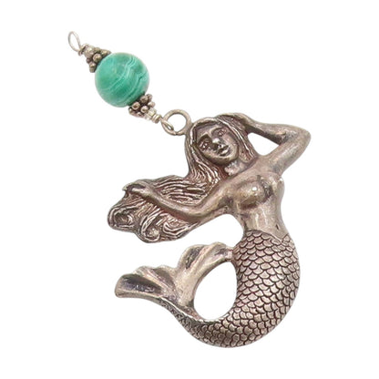 925 Sterling Silver Vintage Pendant Malachite Beaded Mermaid Locket  PT25371