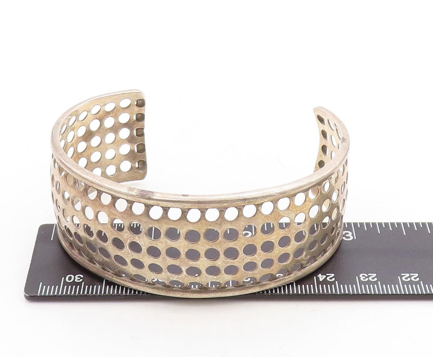 925 Sterling Silver Vintage Bracelet Solid Polka Dots Cutout Cuff  BT10941