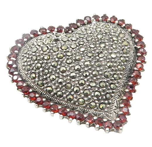 925 Sterling Silver  Vintage Garnet & Marcasite Love Heart Brooch Pin  BP7493