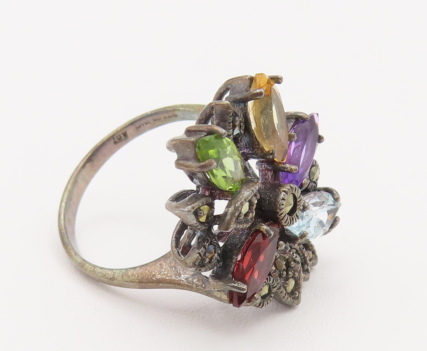925 Silver  Vintage Amethyst Garnet & Gemstones Flower Ring Sz 7.25  RG26199