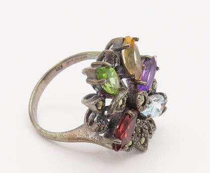 925 Silver  Vintage Amethyst Garnet & Gemstones Flower Ring Sz 7.25  RG26199