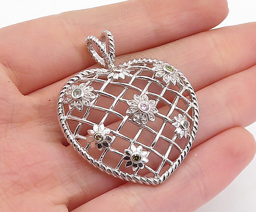 925 Sterling Silver Multi Color Topaz Weaved Floral Heart Pendant PT4637