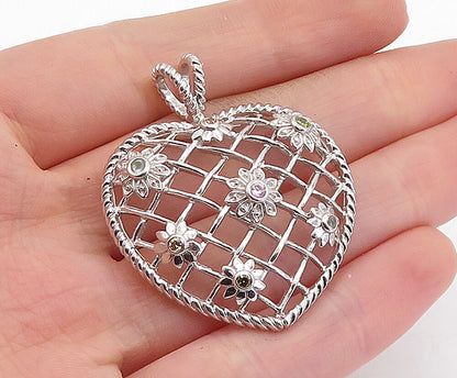 925 Sterling Silver Multi Color Topaz Weaved Floral Heart Pendant PT4637