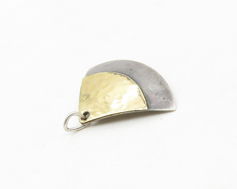 925 Sterling Silver  Vintage Two Tone Hammered Fan Shaped Pendant  PT13971