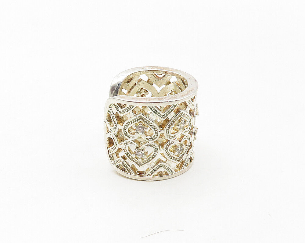 925 Sterling Silver  Topaz Open Love Hearts Wide Band Ring Sz 6.5  RG17055