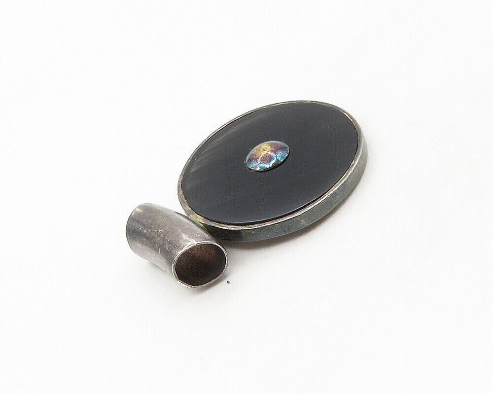 925 Sterling Silver  Vintage Black Onyx Circle Oxidized Slide Pendant  PT14277