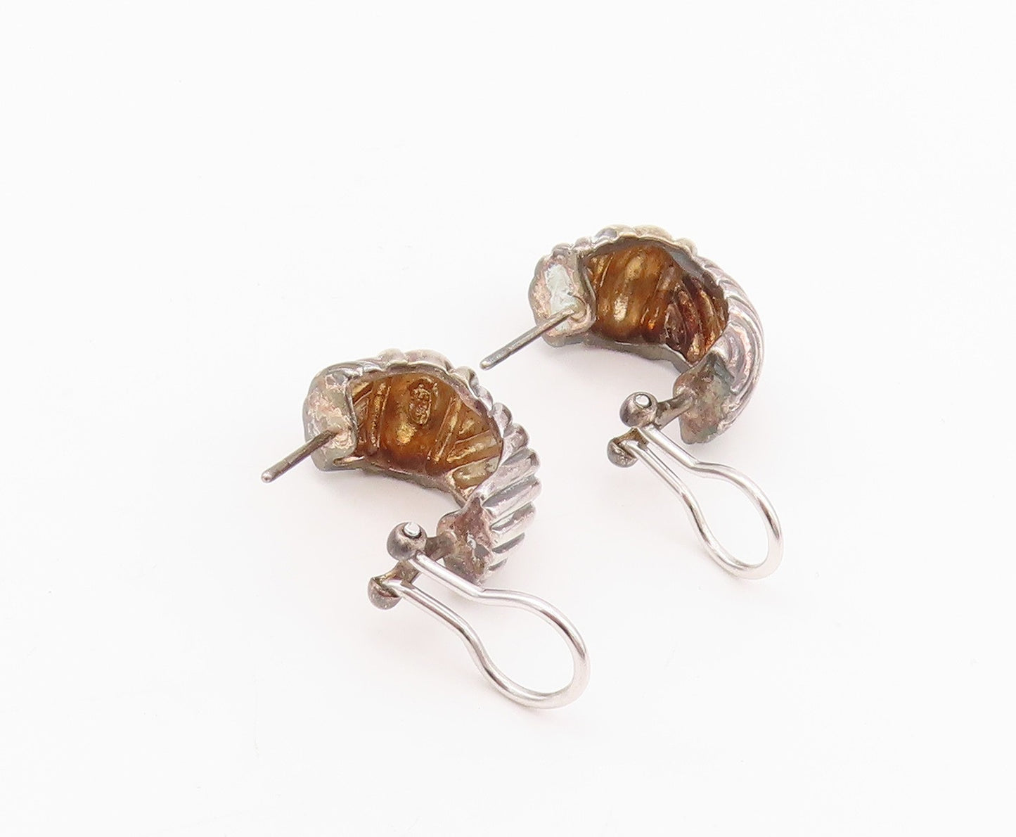 925 Sterling Silver Vintage Earrings Dark Tone Grooved Design  EG13654
