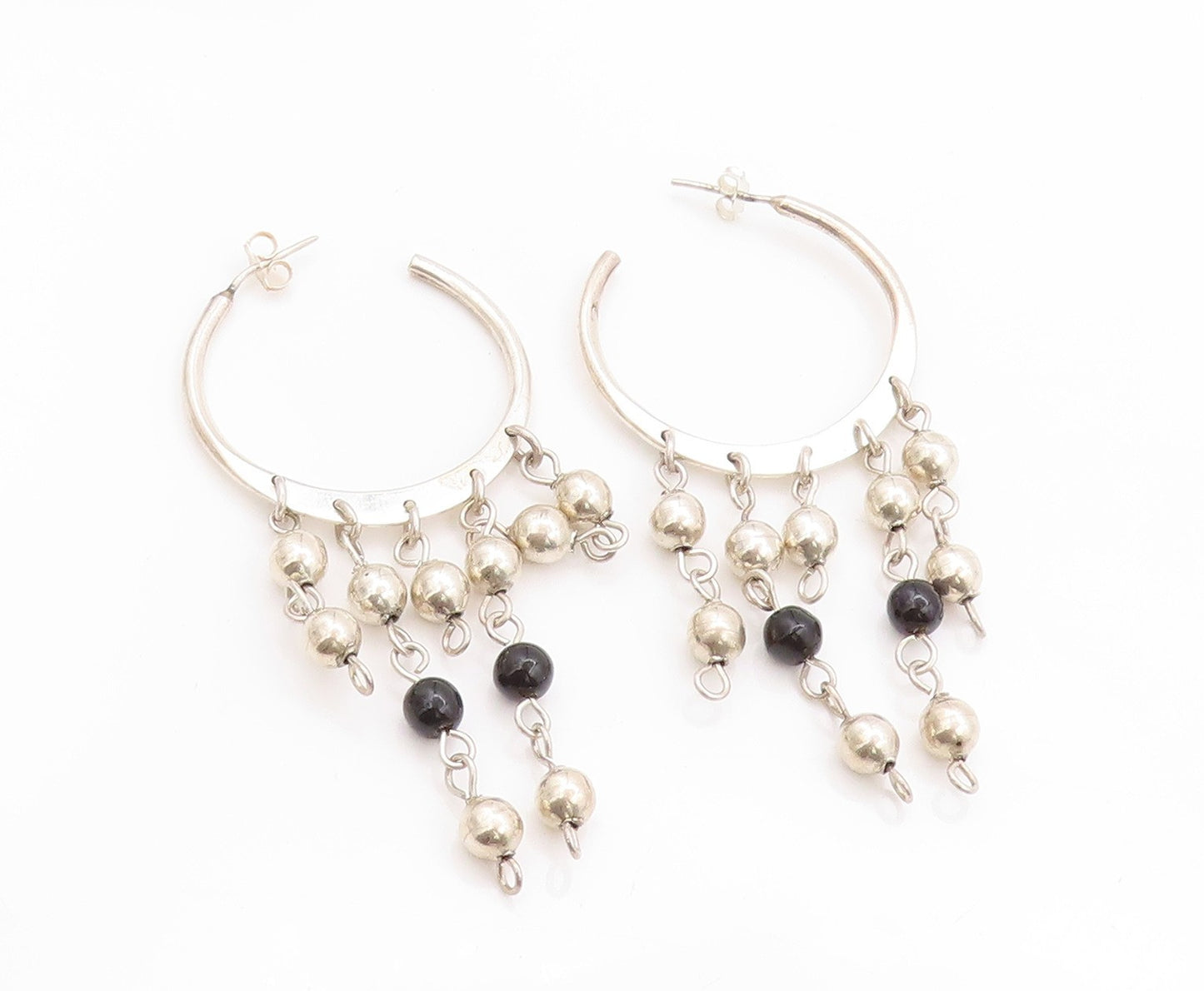 925 Sterling Silver Vintage Earrings MEXICO Dangling Beads & Onyx Hoops  EG13576