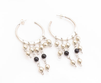 925 Sterling Silver Vintage Earrings MEXICO Dangling Beads & Onyx Hoops  EG13576