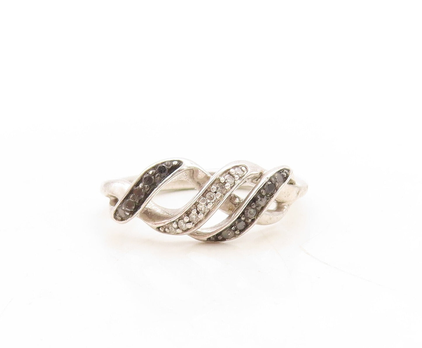 925 Sterling Silver Vintage Ring Spiral White & Black Diamonds  Sz 7  RG31286