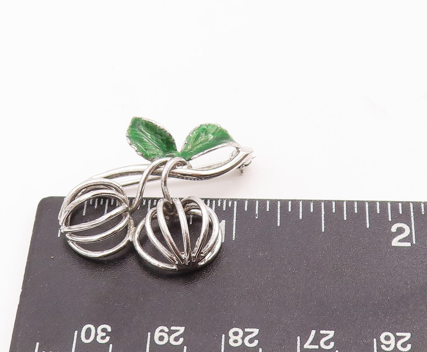 925 Sterling Silver Vintage Brooch Pin Enameled Leaves Cutout Fruit  BP10982