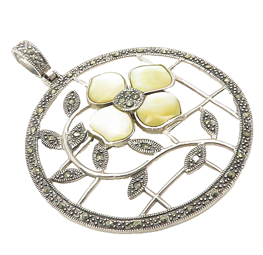 925 Sterling Silver  Vintage Mother Of Pearl & Marcasite Pendant  PT14751