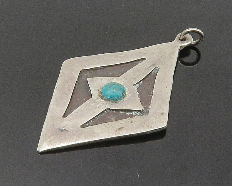 MEXICO 925 Silver  Vintage Antique Turquoise Diamond Shape Pendant  PT15718