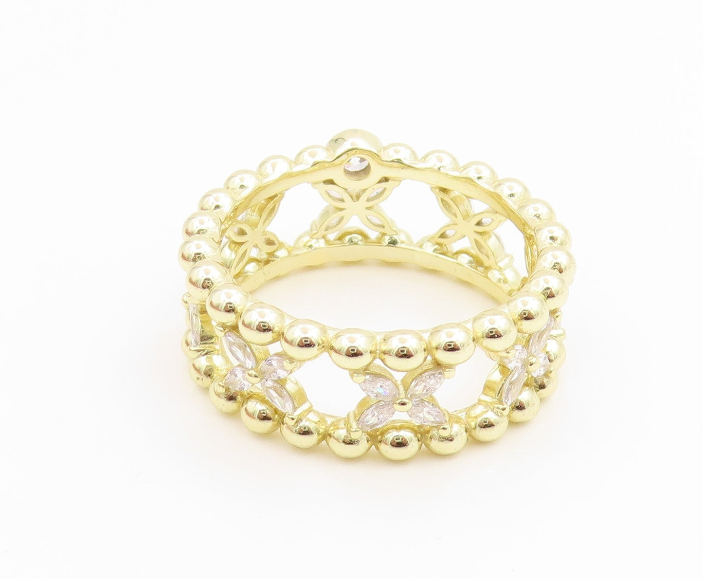 925 Sterling Silver Vintage Ring Gold Plated CZ Floral Link Band  Sz 10  RG35718