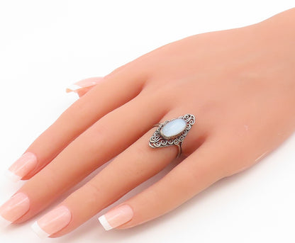 925 Sterling Silver Vintage Ring Cabochon Moonstone Filigree Band  Sz 6  RG36934
