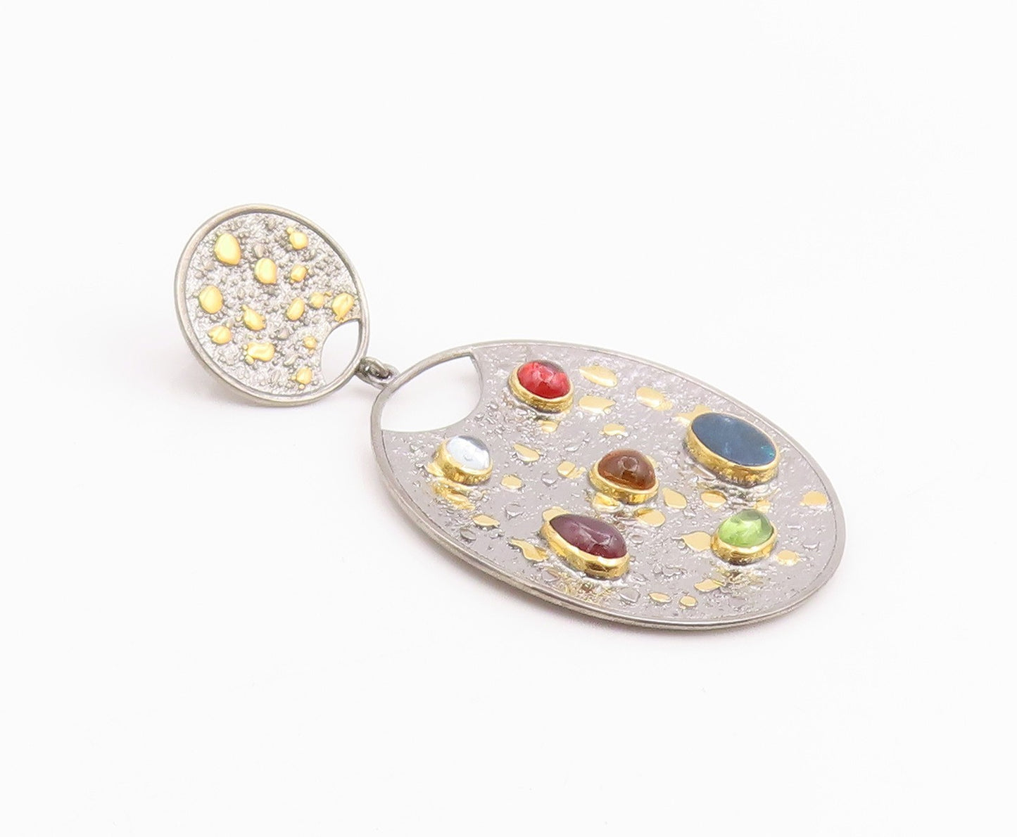 14k Gold & 925 Sterling Silver Vintage Earrings Real Gemstone Discs  EG14226