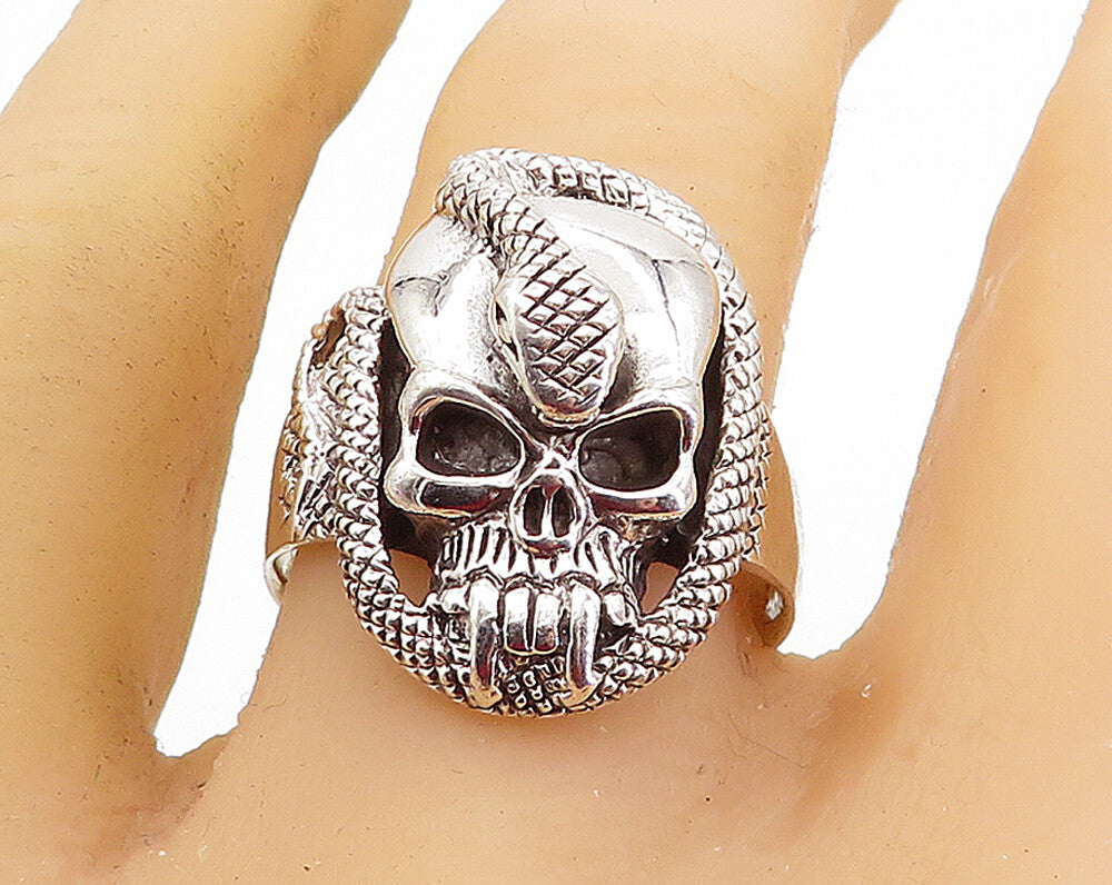 925 Sterling Silver  Vintage Shiny Snake & Skull Head Band Ring Sz 12.5 RG7429