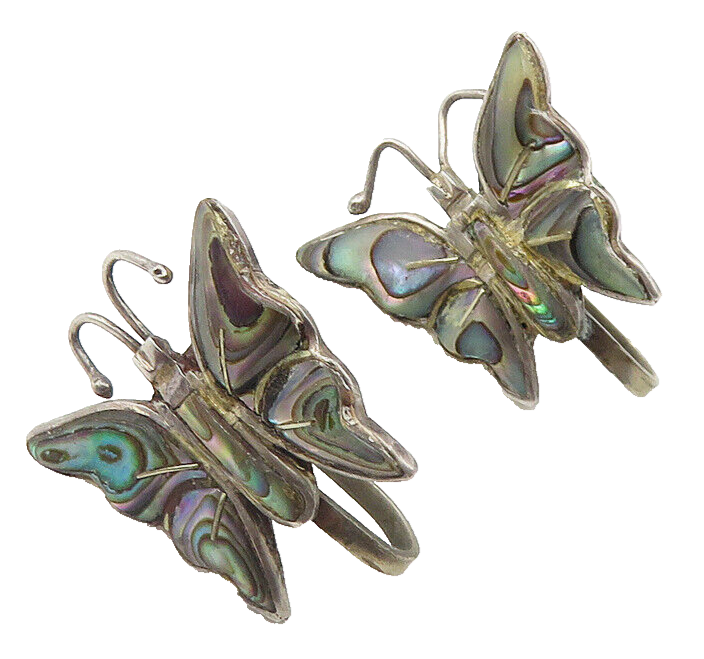 MEXICO 925 Silver  Vintage Abalone Butterfly Motif Non Pierce Earrings  EG5839