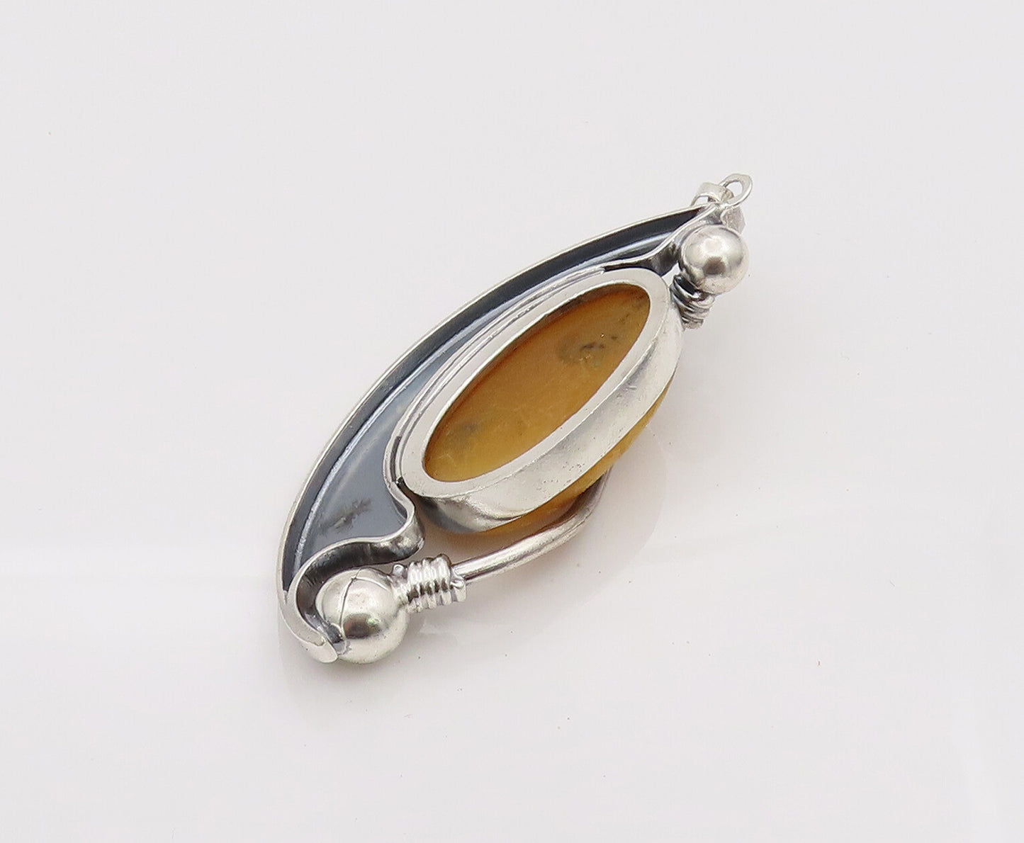 925 Sterling Silver Vintage Large Half Moon Honey Yellow Agate Pendant PT22167